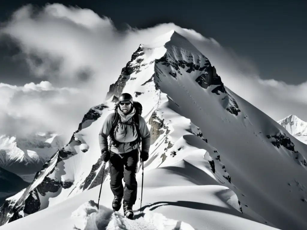 Un montañista determinado escala una cumbre nevada, su mirada refleja determinación y fuerza interior