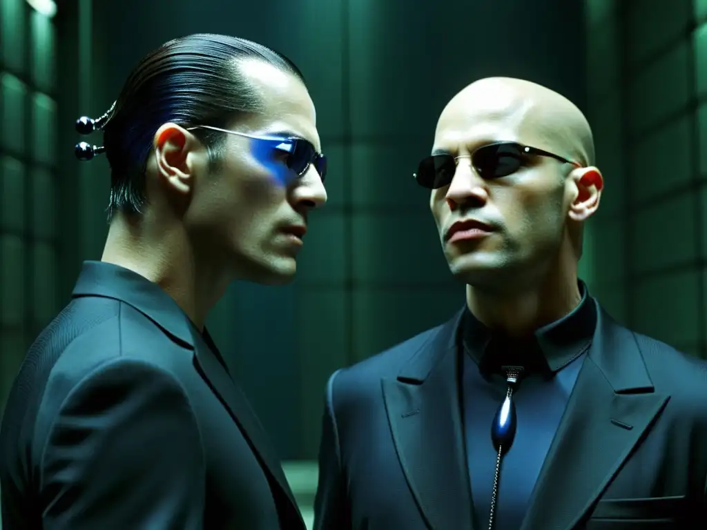 Morpheus ofrece las píldoras roja y azul a Neo en una escena icónica de 'The Matrix', con iluminación dramática y tensión en el aire