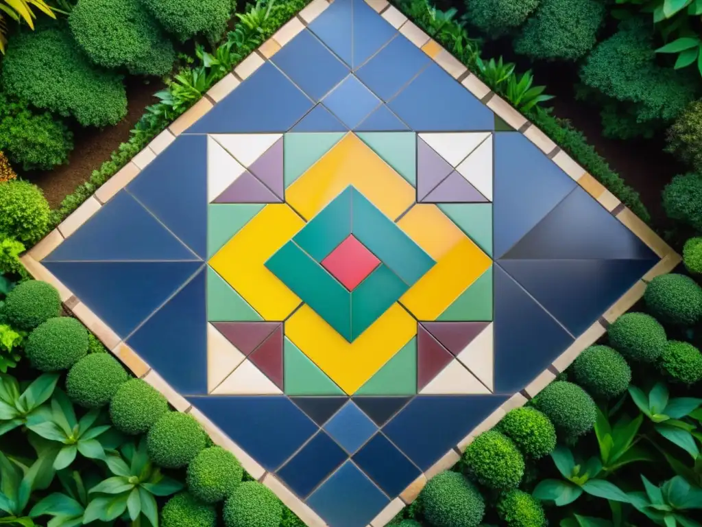 Mosaico matemático: belleza y complejidad en la naturaleza Un mosaico antiguo y complejo de formas geométricas y símbolos matemáticos en colores vibrantes, en un jardín sereno