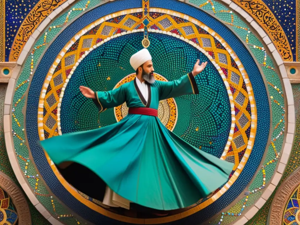 Un mosaico colorido y detallado de un derviche sufí girando en un estado de trance, rodeado de patrones geométricos y caligrafía árabe, evocando una sensación de trascendencia espiritual y conexión mística