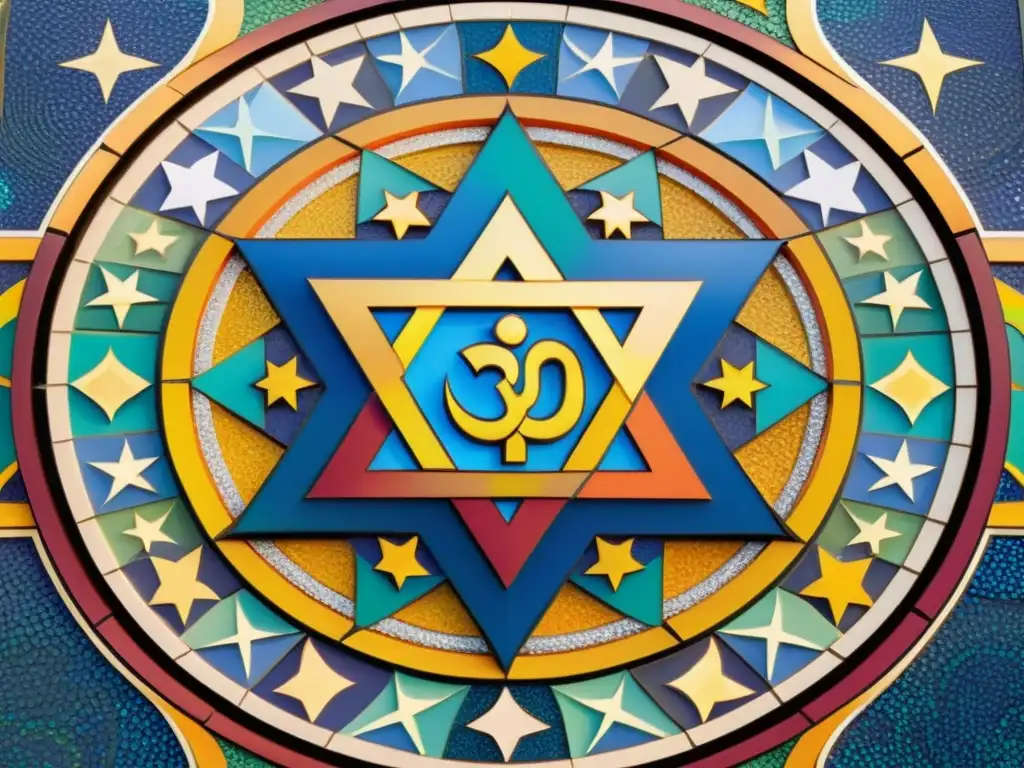 Un mosaico colorido de símbolos religiosos entrelazados, irradiando unidad y armonía