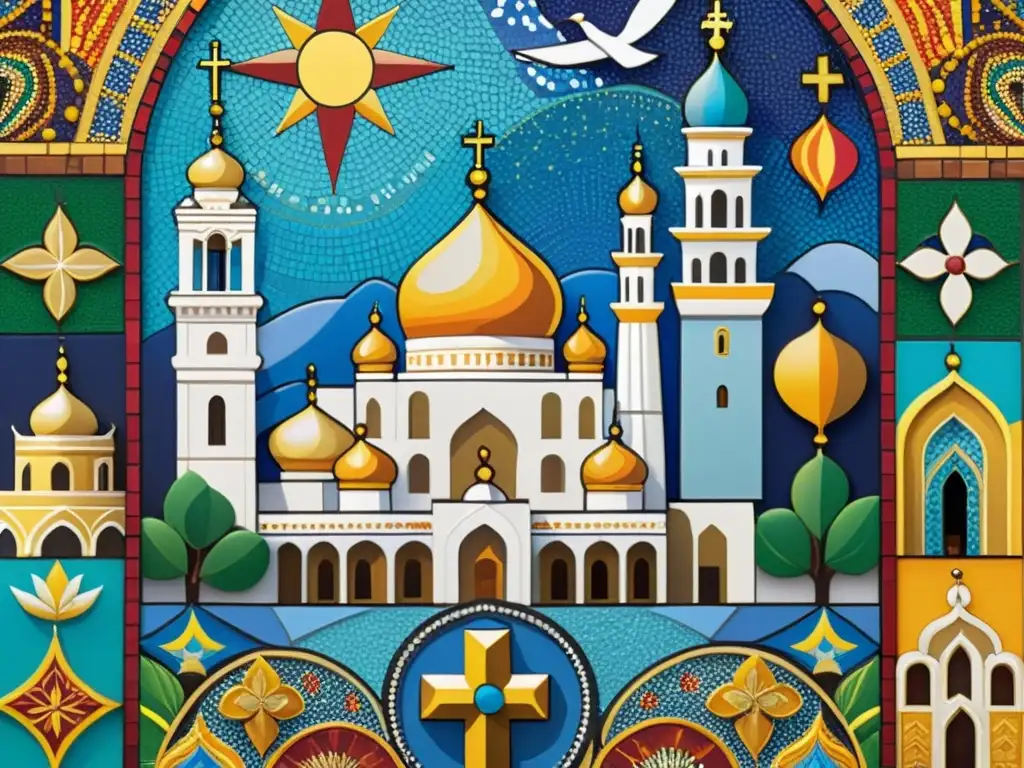 Un mosaico detallado representa la integración de símbolos culturales y religiosos en una bulliciosa ciudad multicultural