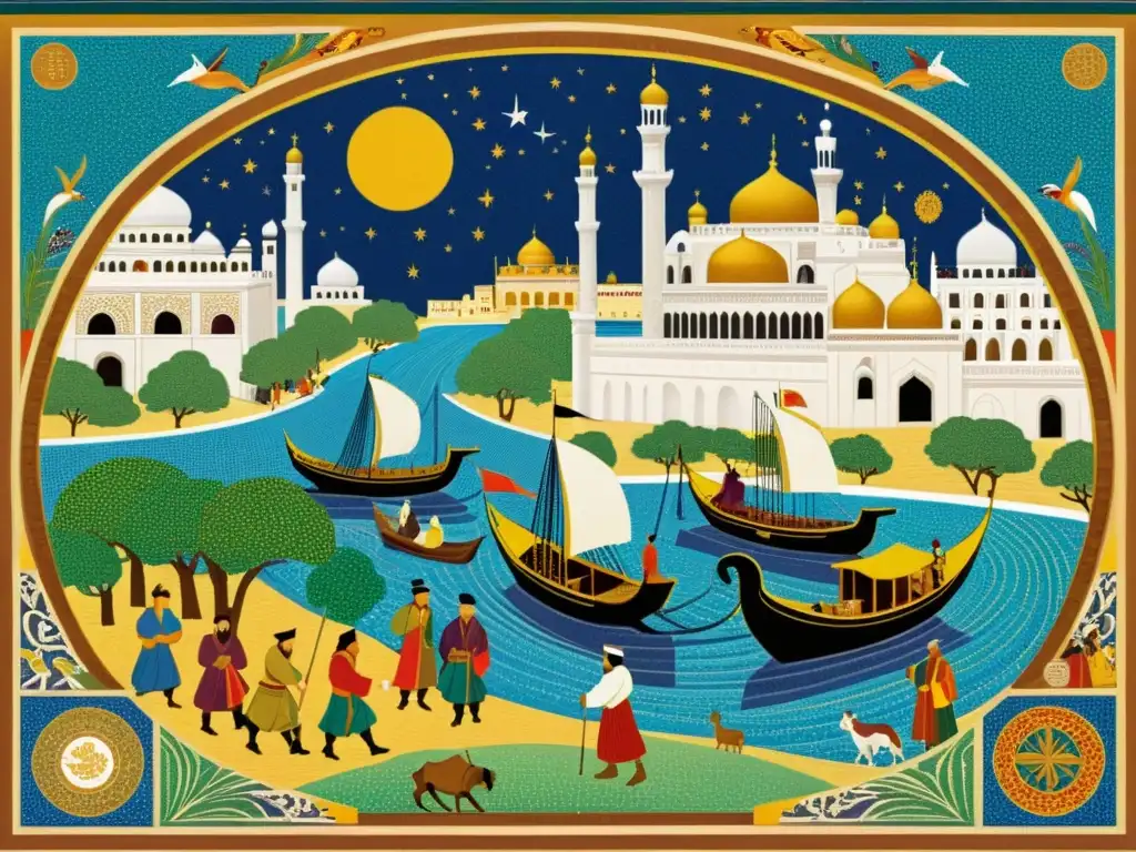 Un mosaico detallado de los viajes de Marco Polo, representando encuentros culturales y paisajes exóticos