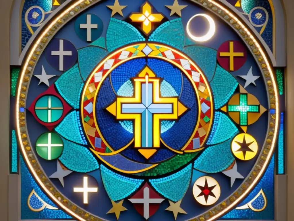 Un mosaico de símbolos religiosos entrelazados en colores vibrantes, simbolizando la armonía y la unidad entre diferentes creencias