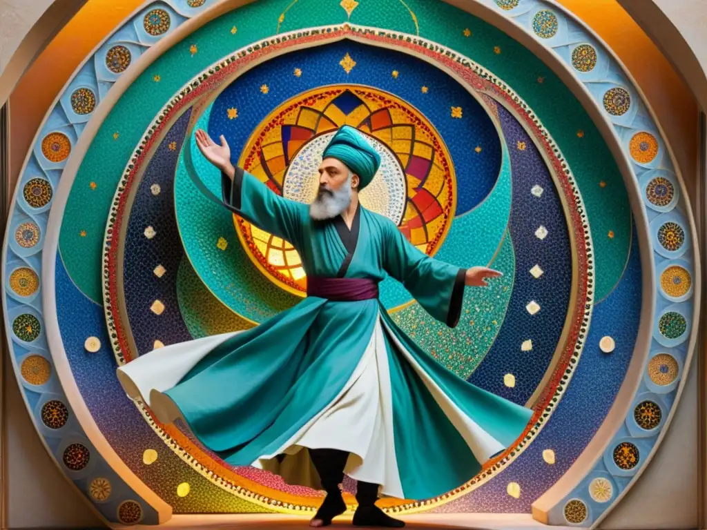 Un mosaico vibrante y complejo representa a un derviche girando en éxtasis espiritual, rodeado de simbolismos de la Filosofía del sufismo espiritual, transmitiendo una sensación de fluidez y trascendencia