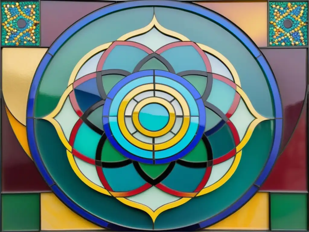 Un mosaico vibrante de formas geométricas entrelazadas en colores ricos y vibrantes, evocando una profunda sensación espiritual y misterio