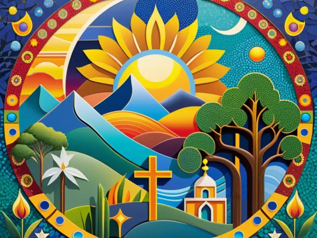 Un mosaico vibrante y multicolor representa la fusión de identidades y filosofías en un paisaje sereno y místico