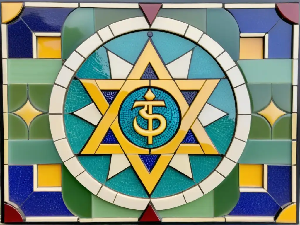 Un mosaico vibrante con símbolos religiosos entrelazados, representando el diálogo interreligioso en la práctica