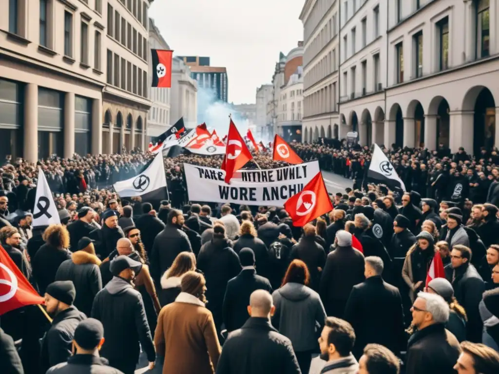 Manifestación de movimientos anarquistas resistencia histórica: multitud determinada con pancartas y banderas en la calle