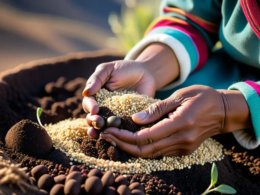 Una mujer andina planta semillas de quinua con cuidado en la rica tierra, mostrando el significado alimentos cosmovisión andina