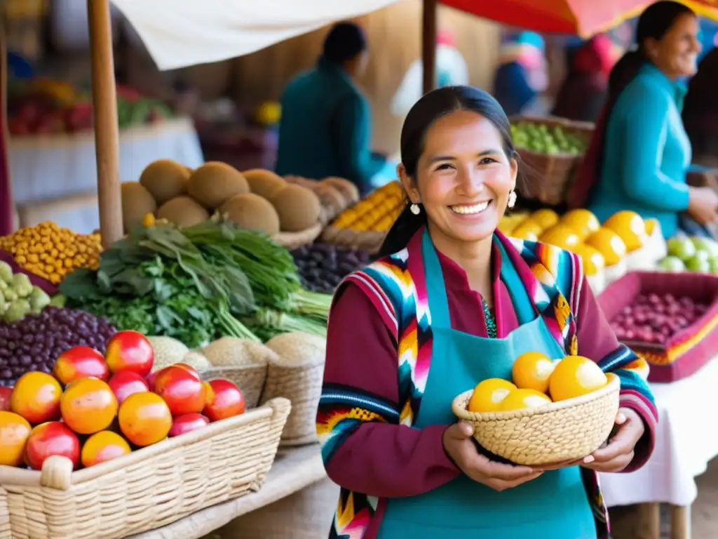 Una mujer andina sonríe y selecciona productos frescos en un bullicioso mercado, capturando la esencia de la filosofía de la alimentación andina