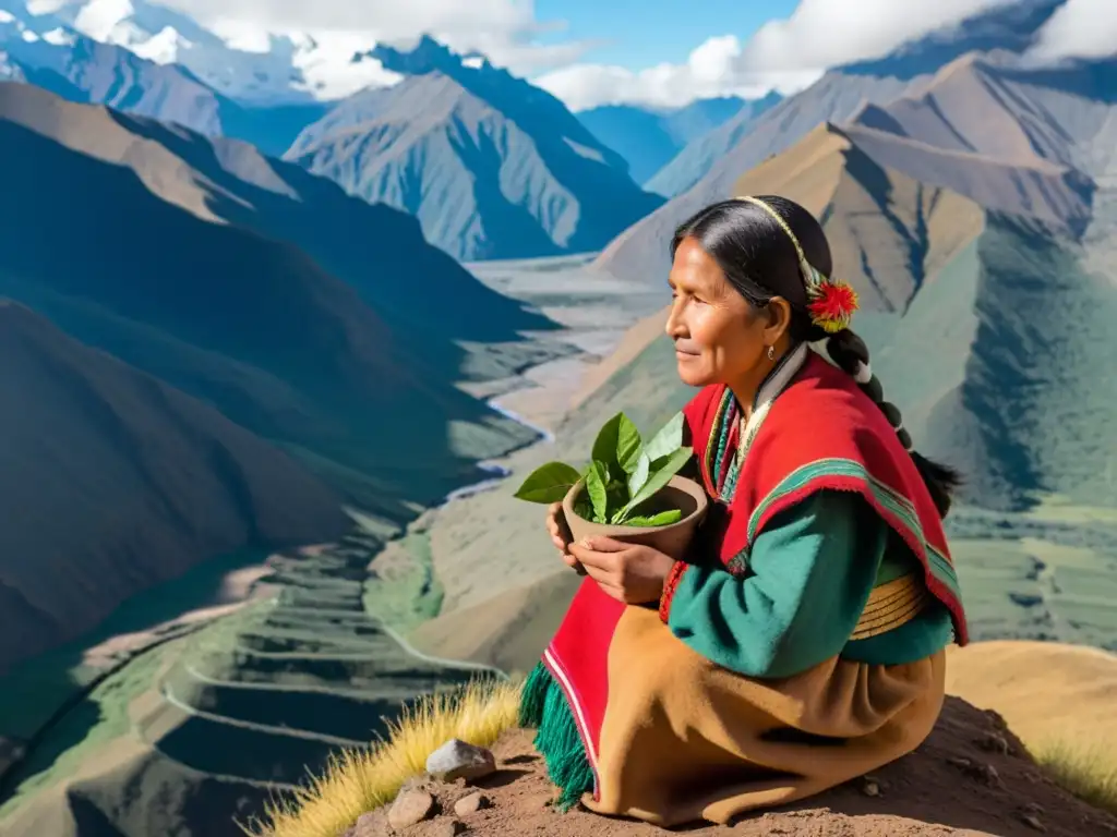Una mujer andina en profunda contemplación, con vestimenta tradicional, sosteniendo hojas de coca y una vasija de barro, irradia sabiduría ancestral frente a un paisaje impresionante