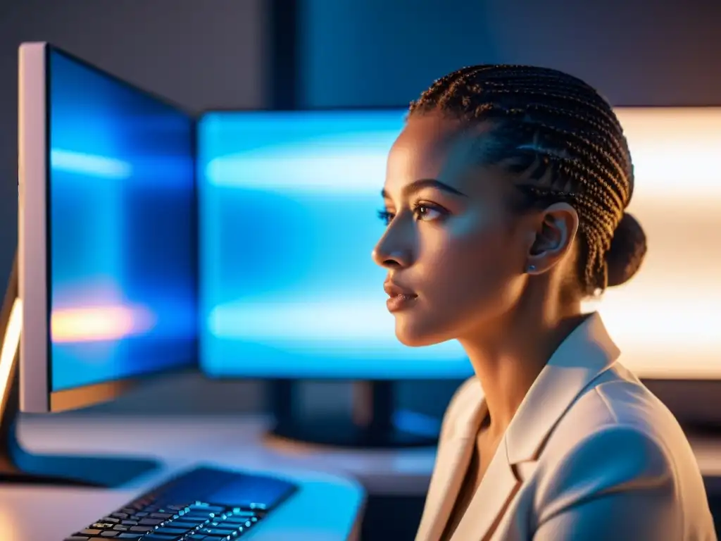 Una mujer contemplativa frente a una computadora futurista, iluminada por la pantalla mientras reflexiona