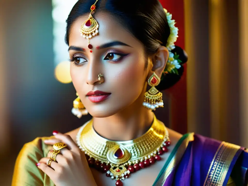 Una mujer hindú viste joyería dorada con gemas coloridas, reflejando el significado espiritual de la cultura hindú