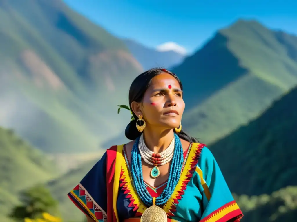 Una mujer indígena comparte historias y sabiduría ante un impresionante paisaje montañoso