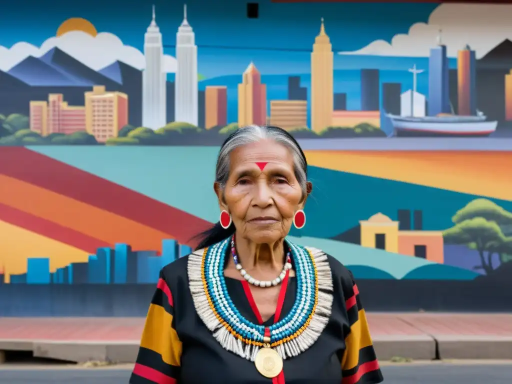 Una mujer indígena mayor frente a mural que representa la historia y lucha de su comunidad, reflejando justicia social y reconocimiento cultural
