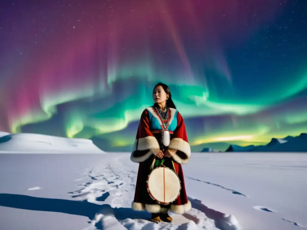 Una mujer inuit en el Ártico, con vestimenta tradicional y un tambor ceremonial, su rostro pintado con símbolos, observando las luces del norte