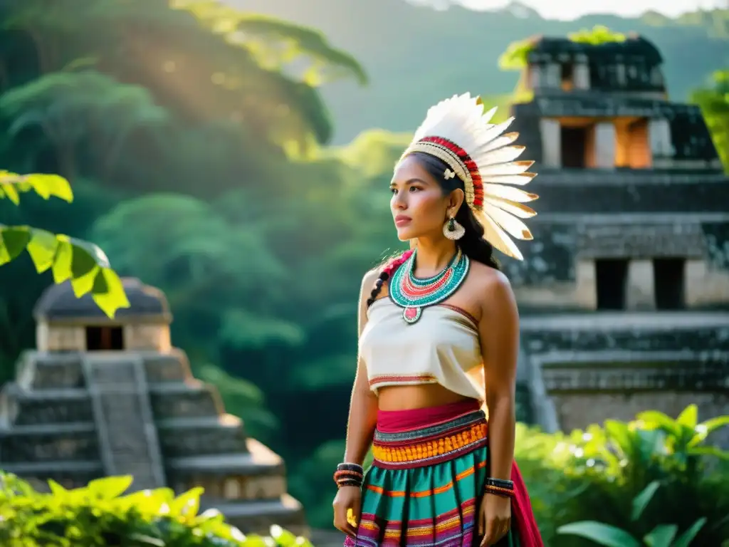 Una mujer maya viste un huipil y falda coloridos, destacando la rica filosofía y significados de su indumentaria cultural