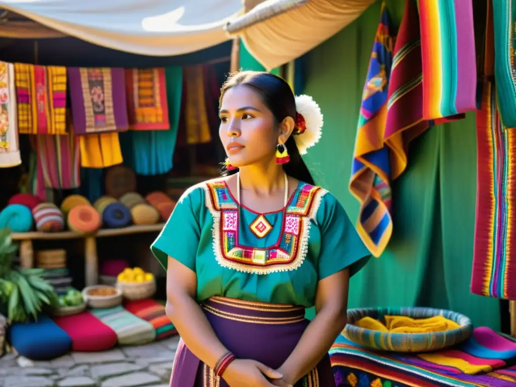 Una mujer maya lleva un vibrante huipil y corte, rodeada de naturaleza exuberante y artesanías