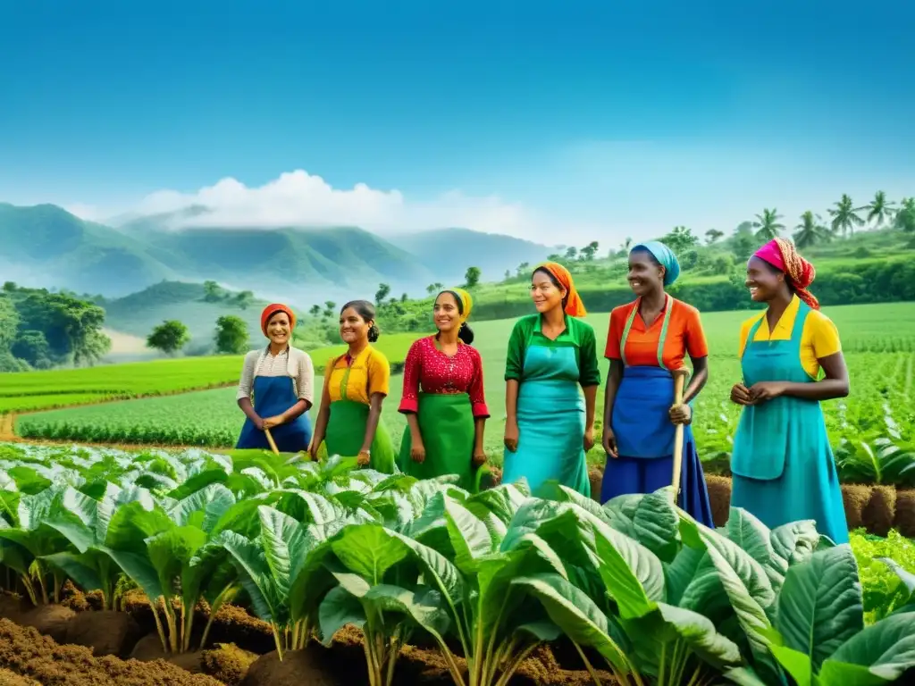 Mujeres agricultoras en un campo verde exuberante, plantando cultivos diversos y compartiendo conocimientos