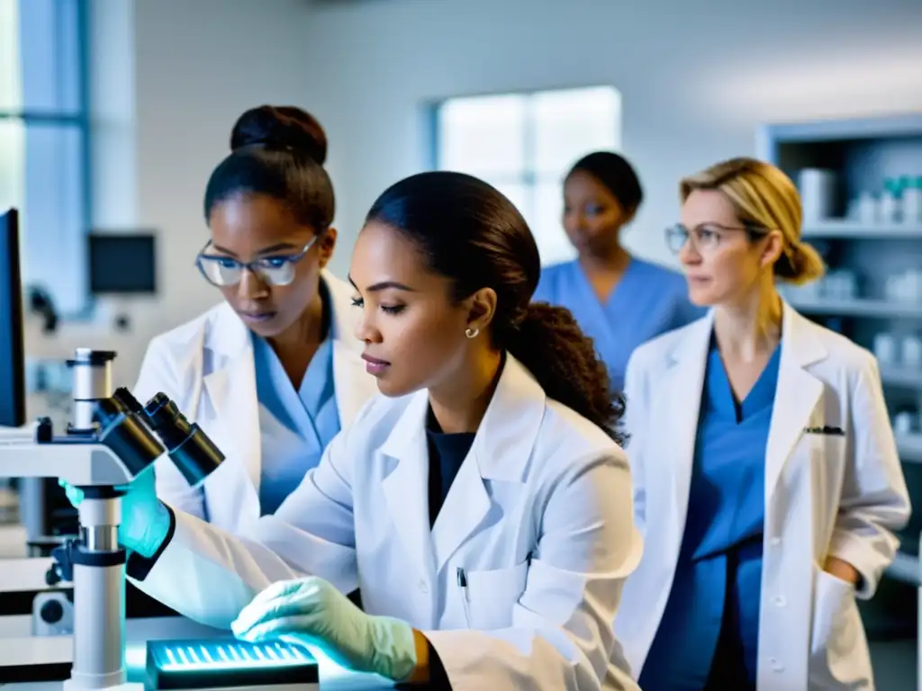 Mujeres redefiniendo campos dominados: científicas diversas trabajando juntas en un laboratorio de vanguardia con determinación y empoderamiento