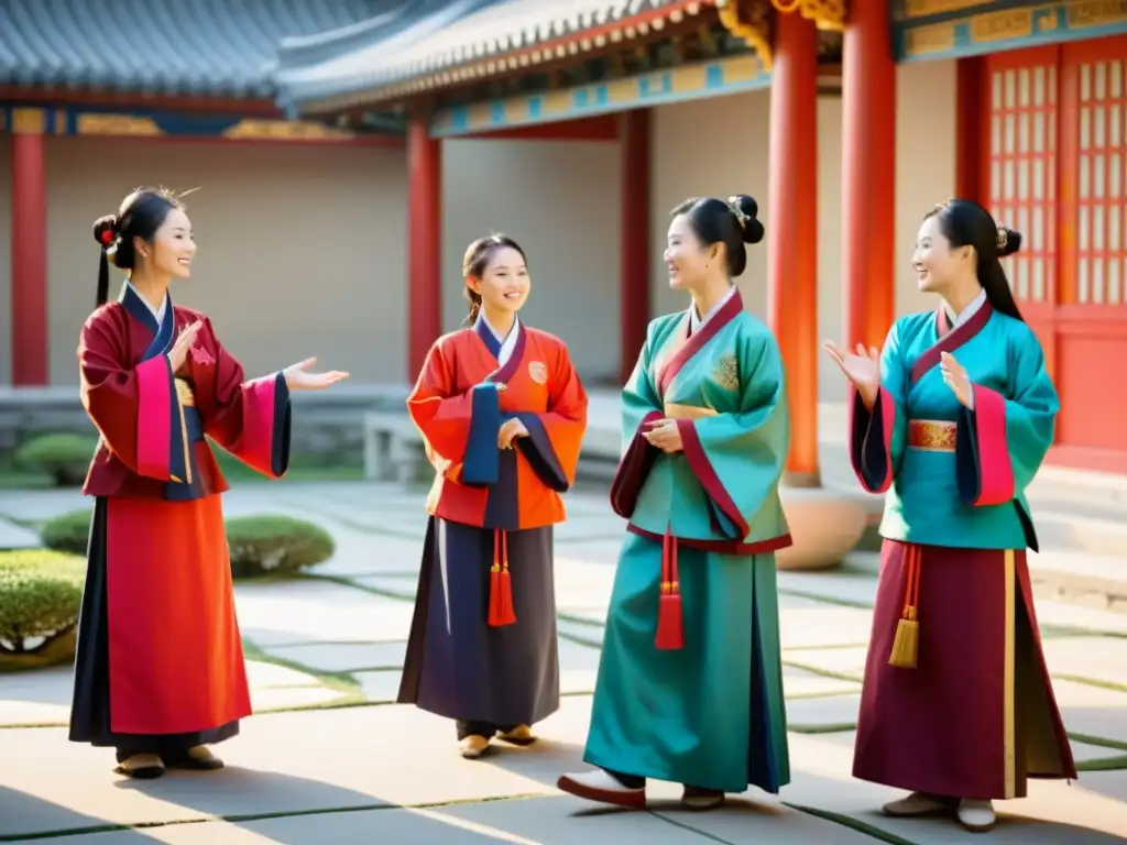 Mujeres en el Confucianismo discuten animadamente en un patio sereno, reflejando su papel dinámico y empoderado