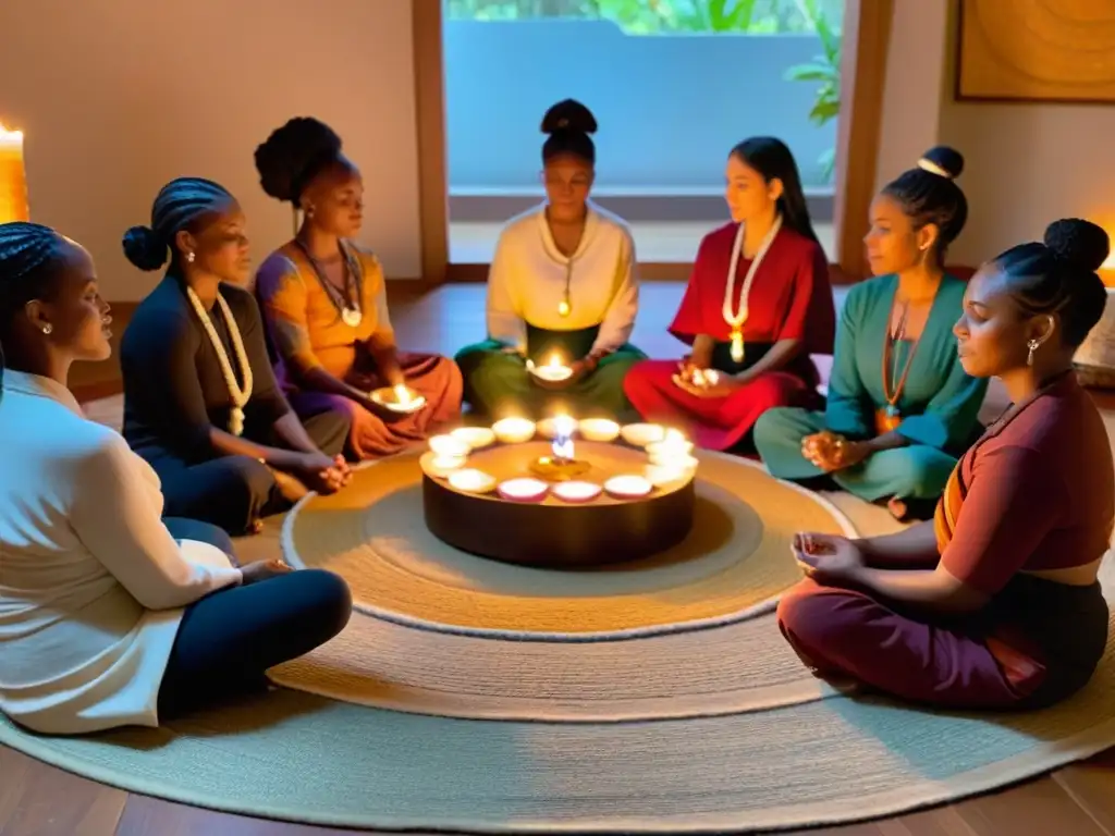 Mujeres diversas en círculo con velas y objetos sagrados, unidas en la espiritualidad y el empoderamiento del feminismo decolonial