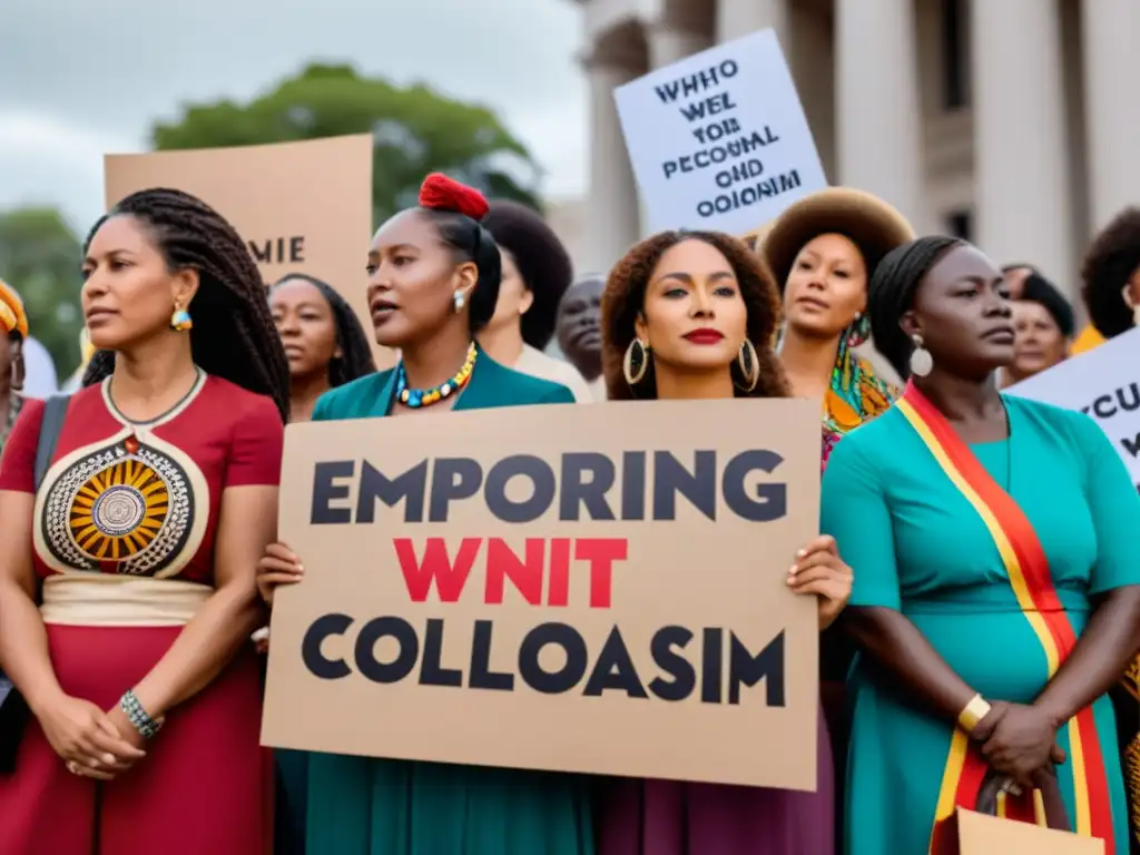 Mujeres diversas en protesta pacífica contra el colonialismo, con mensajes empoderadores y expresiones culturales de feminismo decolonial