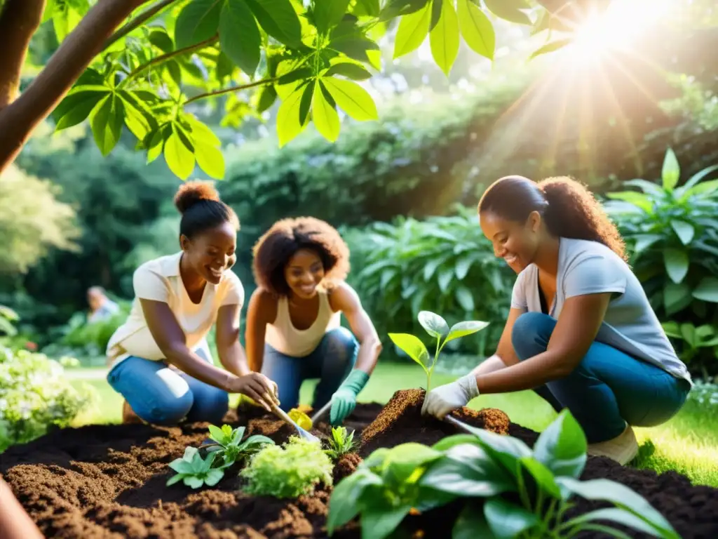 Mujeres ecofeministas cambiando el mundo: un grupo diverso trabaja unidas en un jardín exuberante, plantando árboles y cuidando el ecosistema con propósito