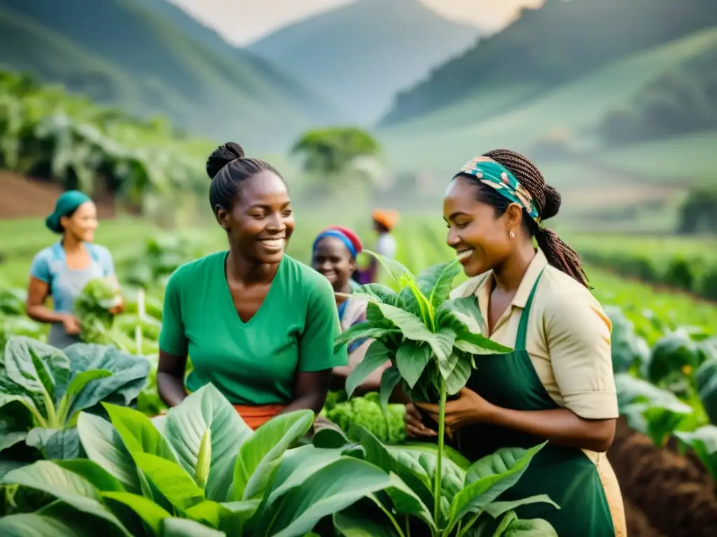 Mujeres empoderadas trabajando en una granja sostenible, demostrando ecofeminismo en agricultura sustentable