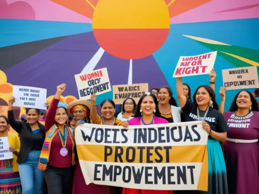 Manifestación de mujeres indígenas con pancartas de empoderamiento frente a mural de expresiones culturales feminismo decolonial