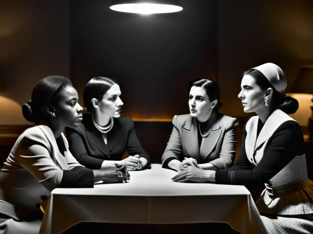 Mujeres olvidadas en la historia: Fotografía en blanco y negro de un grupo de mujeres discutiendo con determinación en una habitación con luz tenue