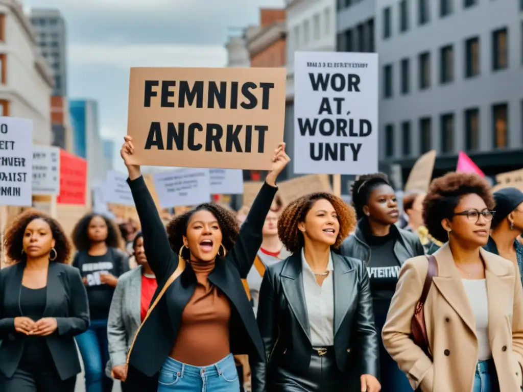 Manifestación de mujeres con pancartas feministas y anarquistas en la ciudad