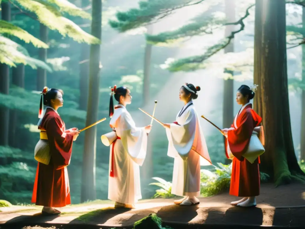 Mujeres sacerdotisas en el Shinto realizan ritual en el bosque, con túnicas blancas y rojas, transmitiendo serenidad y espiritualidad