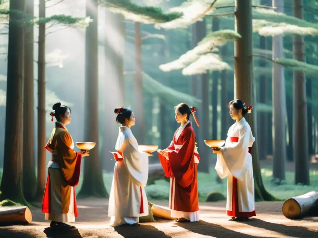 Mujeres sacerdotisas en el Shinto realizando ritual sagrado en el bosque entre cedros ancestrales, con luz del sol filtrándose entre las hojas