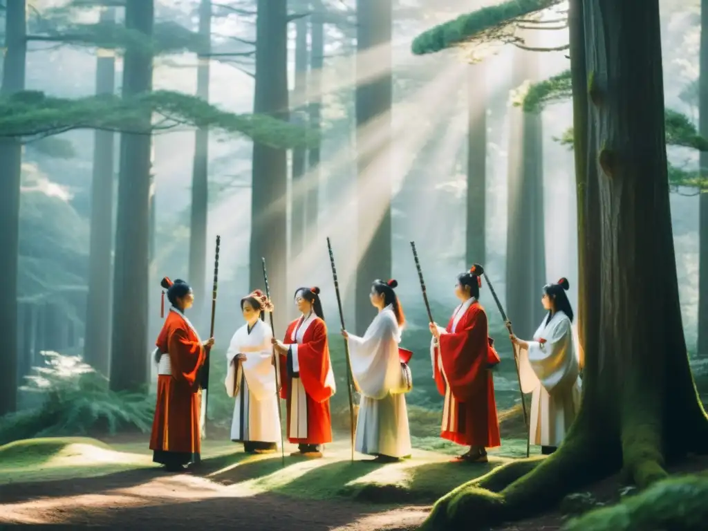Mujeres sacerdotisas en el Shinto realizan ritual sagrado en místico bosque de cedros, bajo cálida luz del sol