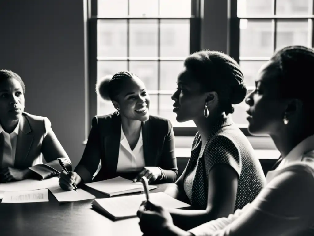 Mujeres debatiendo en una sala de reuniones, expresiones determinadas, papeles y tazas de café en la mesa