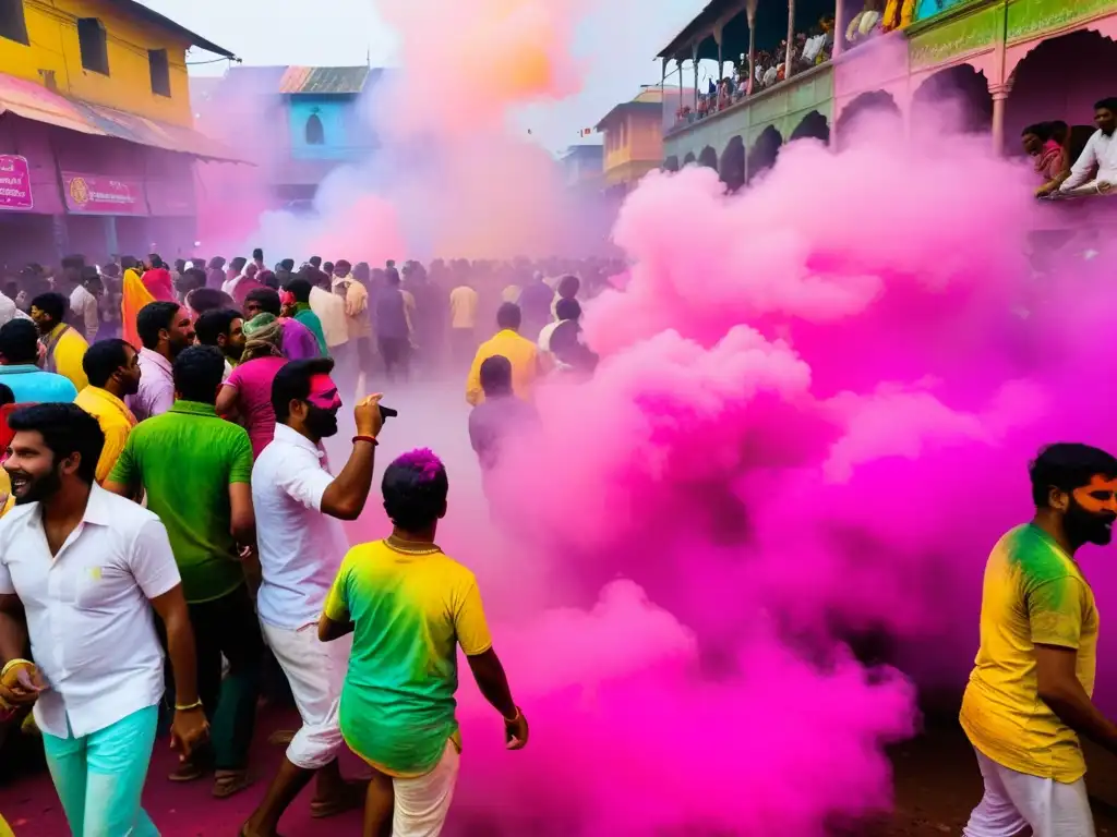 Multitud animada celebra el festival Holi en la India, sumergidos en colores vibrantes