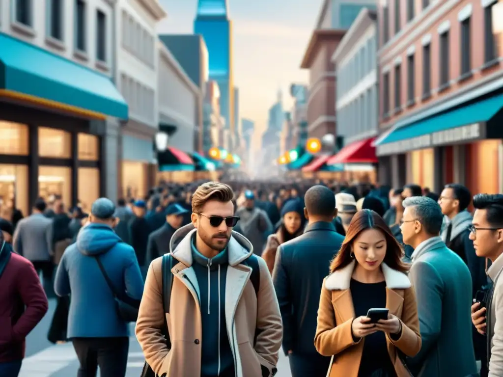 Vigilancia digital en la ciudad: Impacto en la privacidad Multitud en la calle de la ciudad, con personas usando smartphones y cámaras de vigilancia, mostrando el impacto en la privacidad y el comportamiento social en la era digital