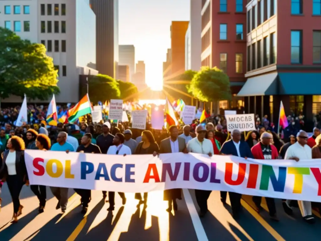 Multitud diversa marcha pacífica por la ciudad con pancartas coloridas y mensajes de paz