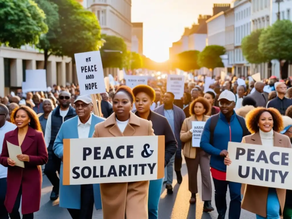 Multitud diversa marcha con pancartas de paz al atardecer