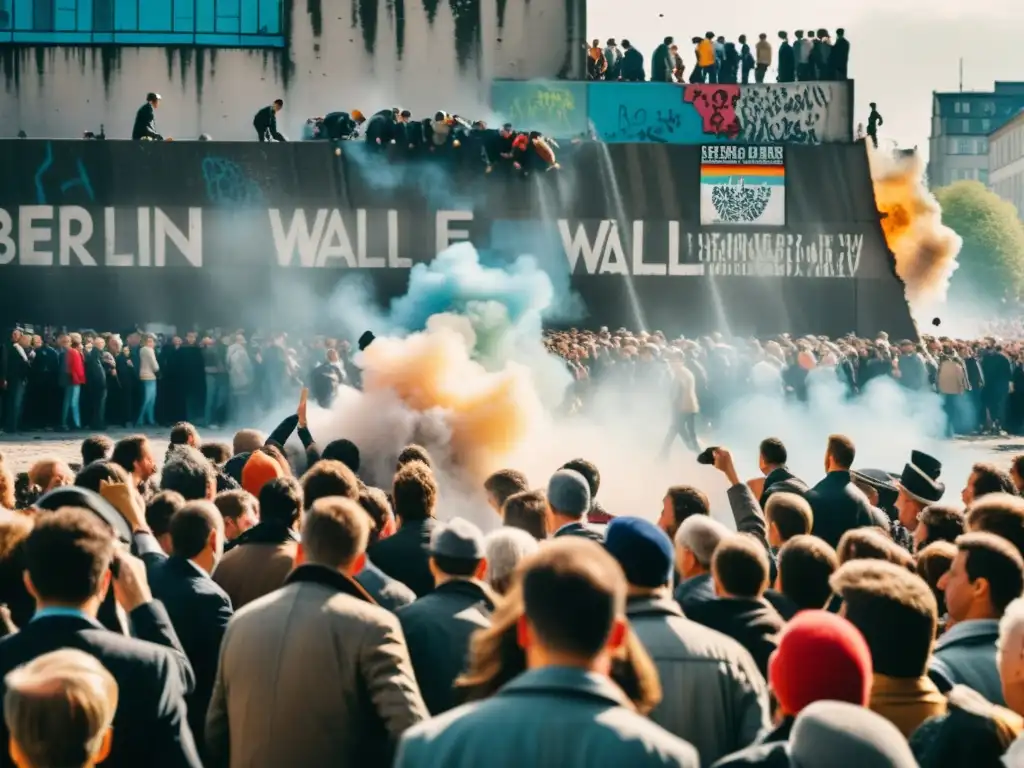 La multitud derriba el Muro de Berlín, con grafitis vibrantes y escombros volando