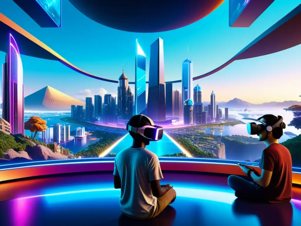 Un mundo de realidad virtual detallado con rascacielos futuristas, personas inmersas en discusiones filosóficas y elementos de videojuegos