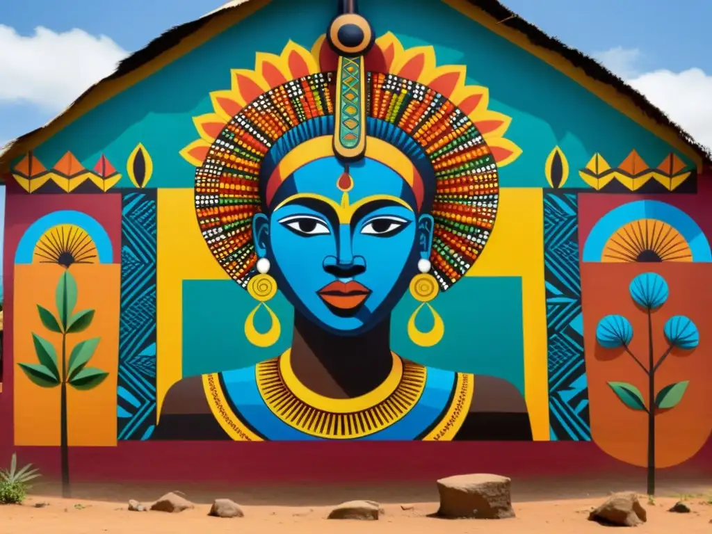 Un mural africano vibrante y detallado que representa el sincretismo en filosofía moral, con colores y símbolos culturales impactantes