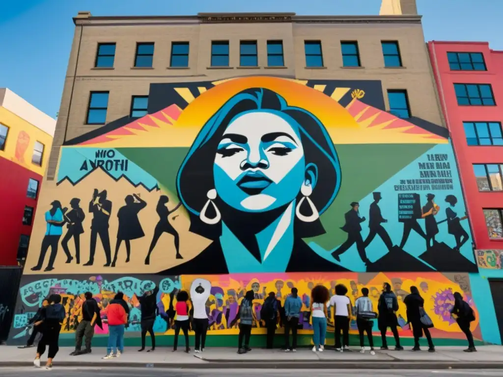 Un mural callejero vibrante y detallado muestra un grupo diverso protestando con símbolos anarquistas y consignas, en una ciudad al atardecer