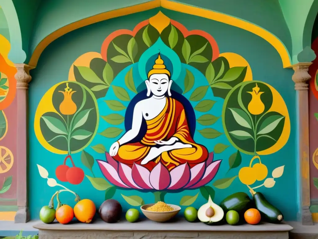 Un mural colorido y detallado representa la filosofía del vegetarianismo jainista, con frutas, vegetales, animales y símbolos de paz