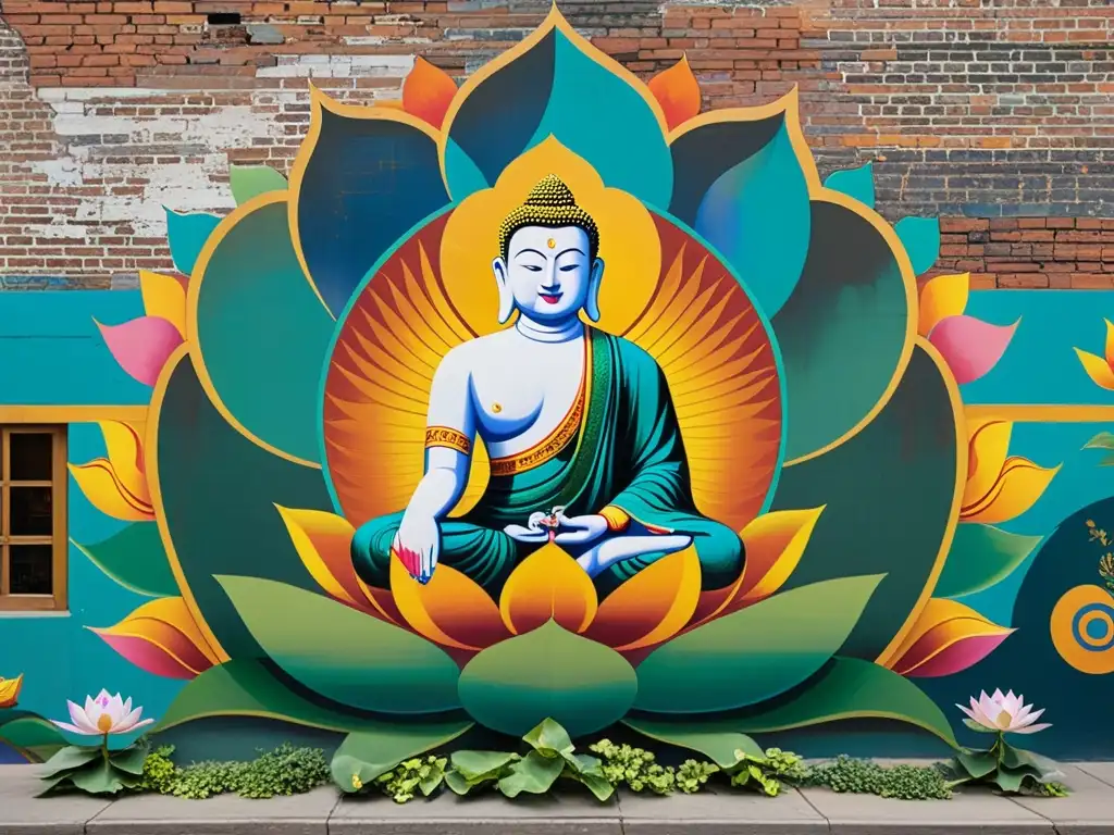 Un mural colorido con símbolos budistas en contraste con la vida urbana