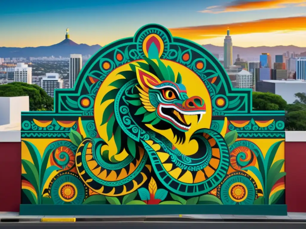 Un mural contemporáneo de Quetzalcóatl en la vibrante ciudad