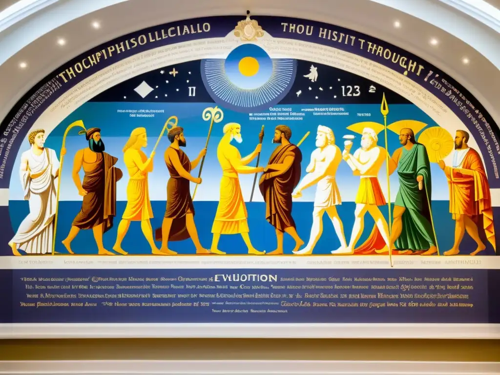 Un mural detallado que muestra la evolución del pensamiento filosófico a lo largo de la historia, desde los filósofos griegos hasta la era moderna