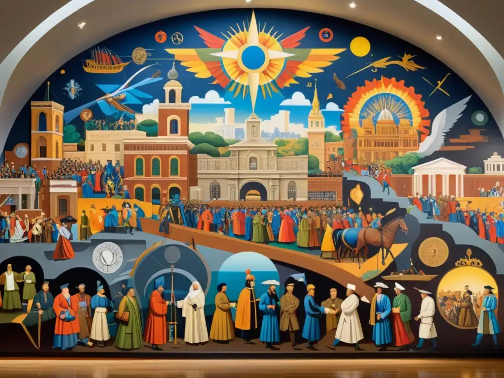 Un mural expansivo e intrincado que representa una mezcla caótica de figuras, eventos y símbolos históricos